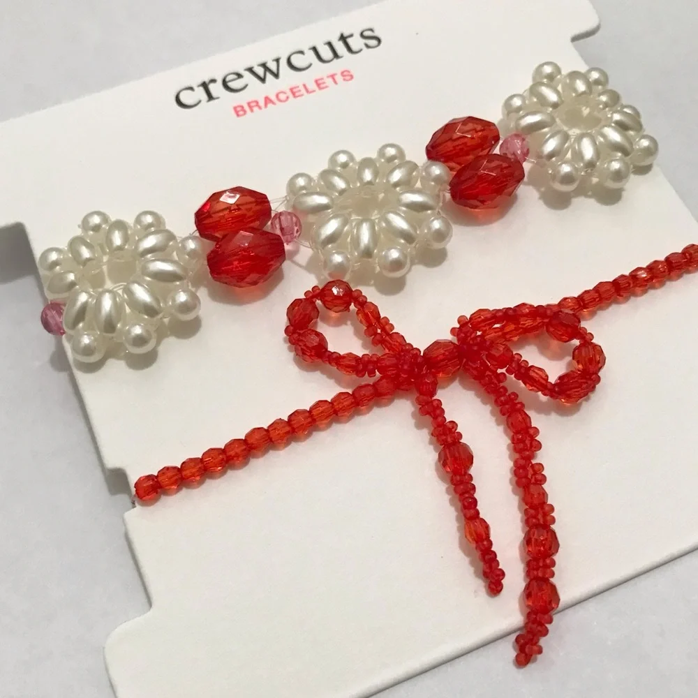 NWT Crewcuts Beaded Bracelet Set, Holiday Christmas Bow Red White J. Crew Girls